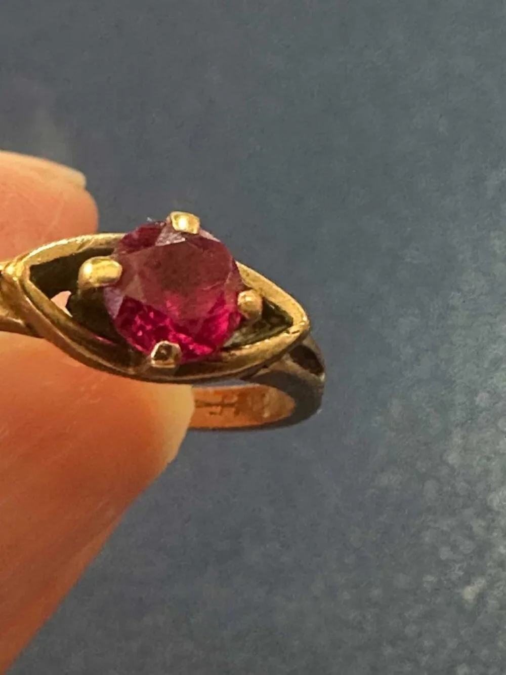Vintage Caron Bros 10K Yellow Gold Ruby Ring — Navette Open Bezel Setting - Picture 4 of 9